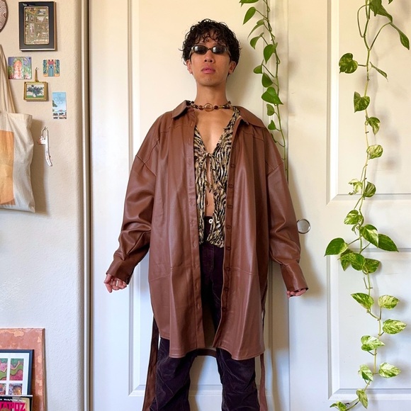 Plus Size Brown Pleather Coat - Picture 4 of 6